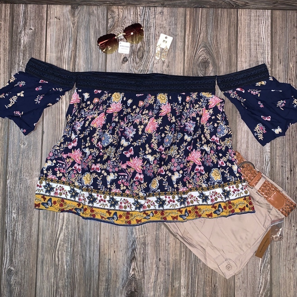 Navy Off the Shoulder Boho Top